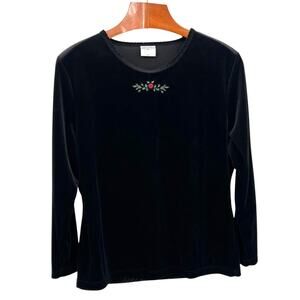 Regatta black velvet embroidered rose top XL goth holiday cottagecore VTG Floral